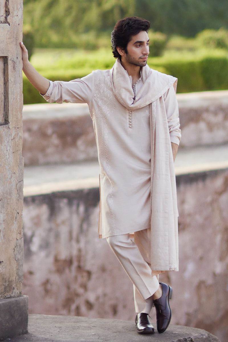 Ivory Embroidered Raw Silk Kurta Set (3-Piece) - Image 3