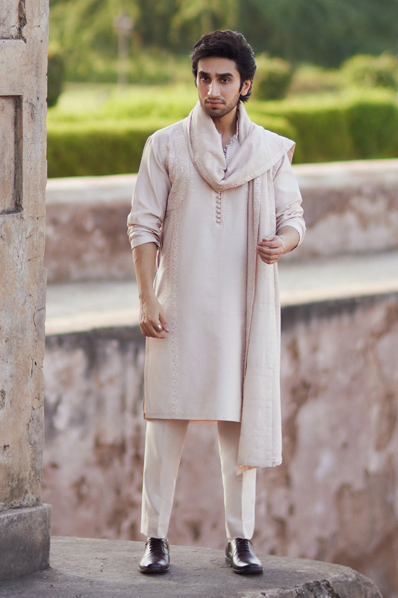 Ivory Embroidered Raw Silk Kurta Set (3-Piece) - Image 4