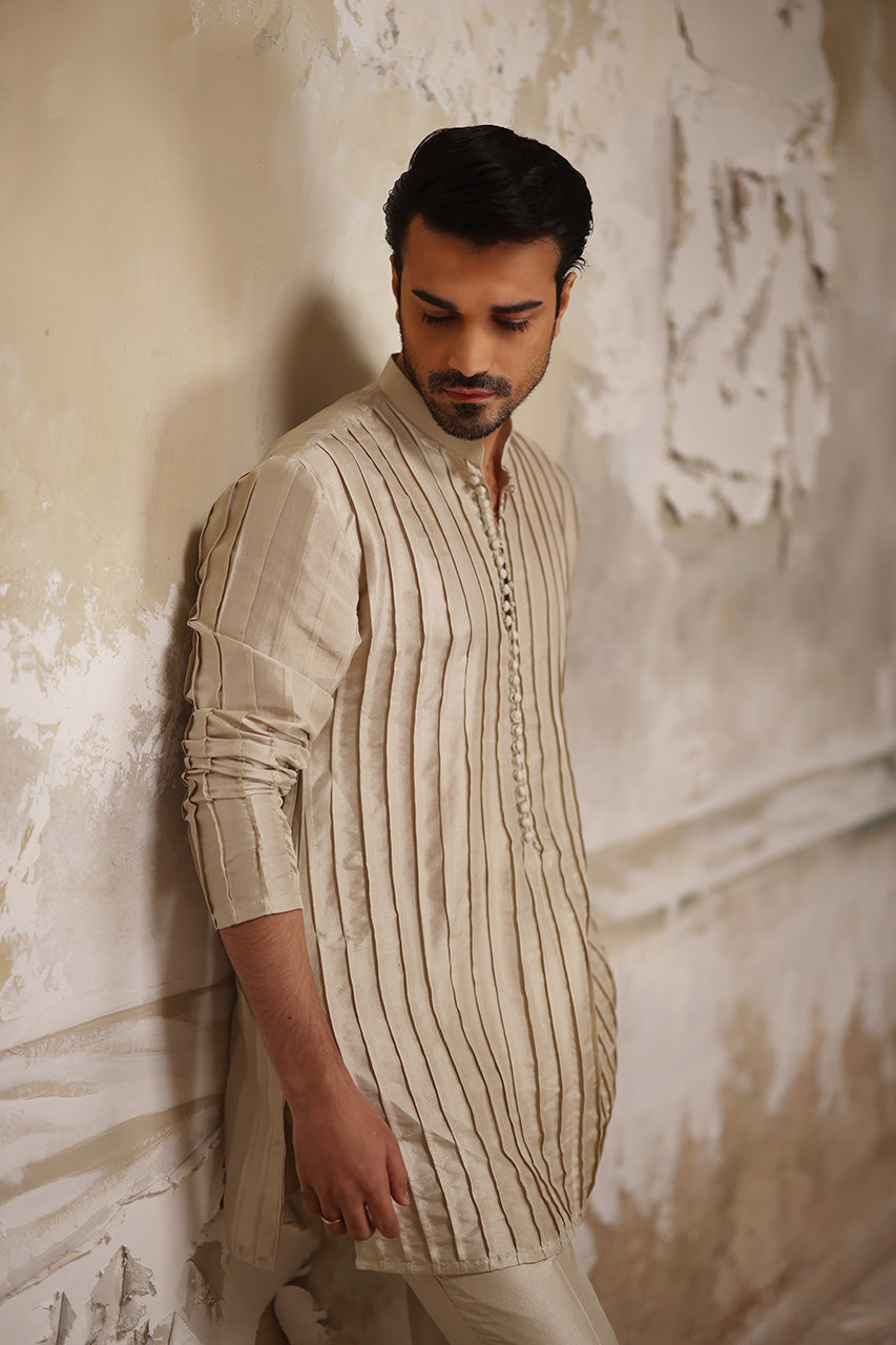 Ivory Pleated Raw Silk Kurta Pajama (2-Piece) - Image 2