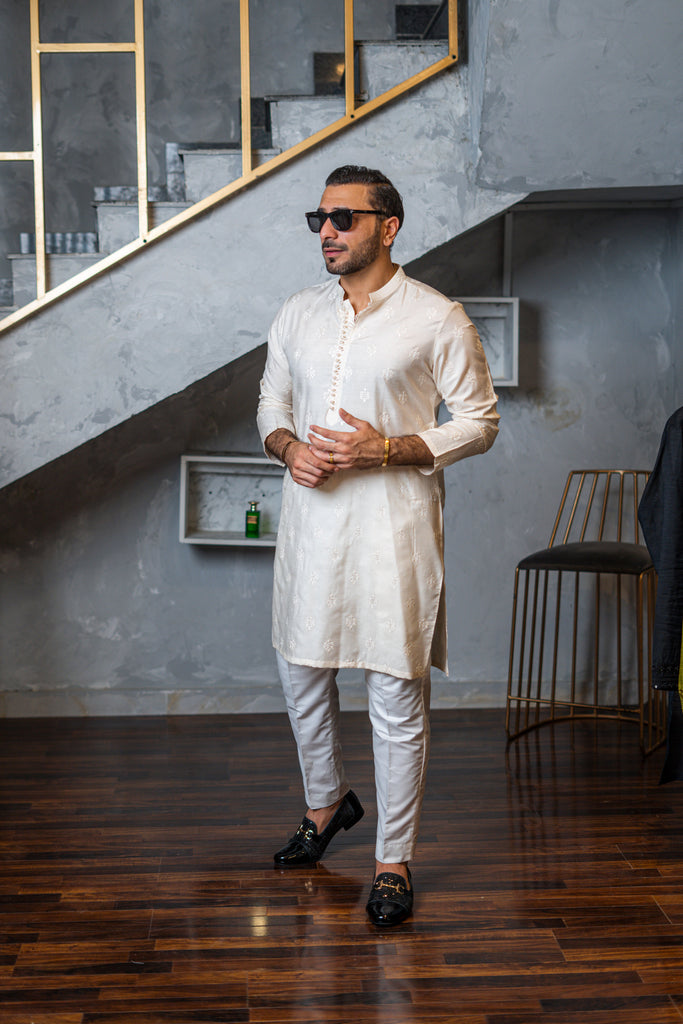 Ivory Self-Embossed Silk-Blend Kurta Pajama (2-Piece) - Image 1