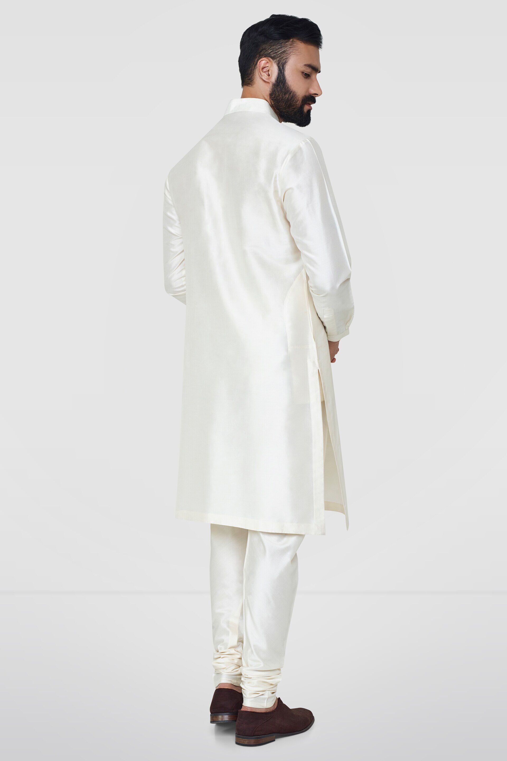 Cream Stitch-Line Silk Kurta Pajama (2-Piece) - Image 2