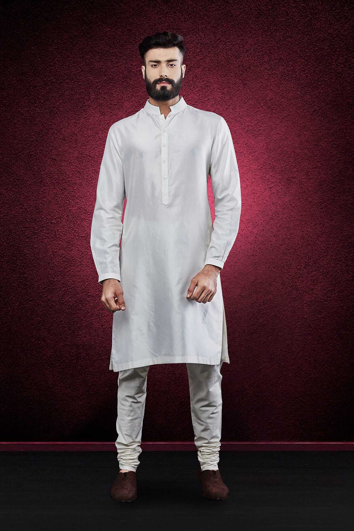 Off-White Stitch-Line Silk Kurta Pajama (2-Piece) - Image 1