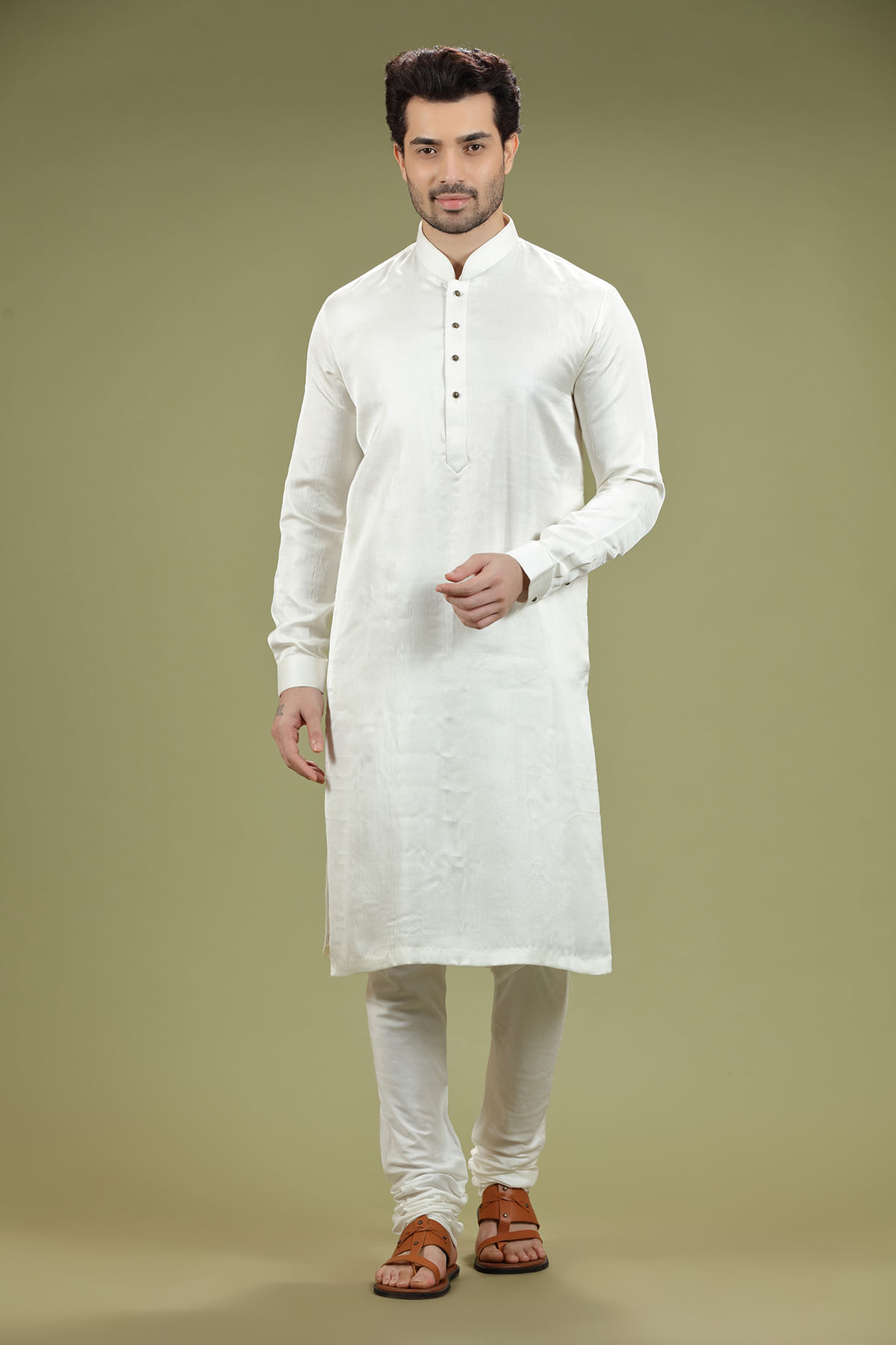 Off-White Silk Kurta Pajama Set (2-Piece) - Image 1