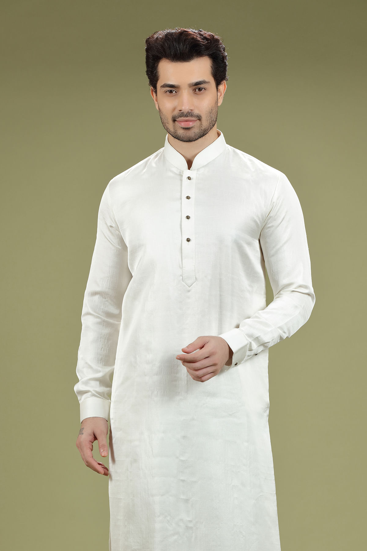 Off-White Silk Kurta Pajama Set (2-Piece) - Image 2
