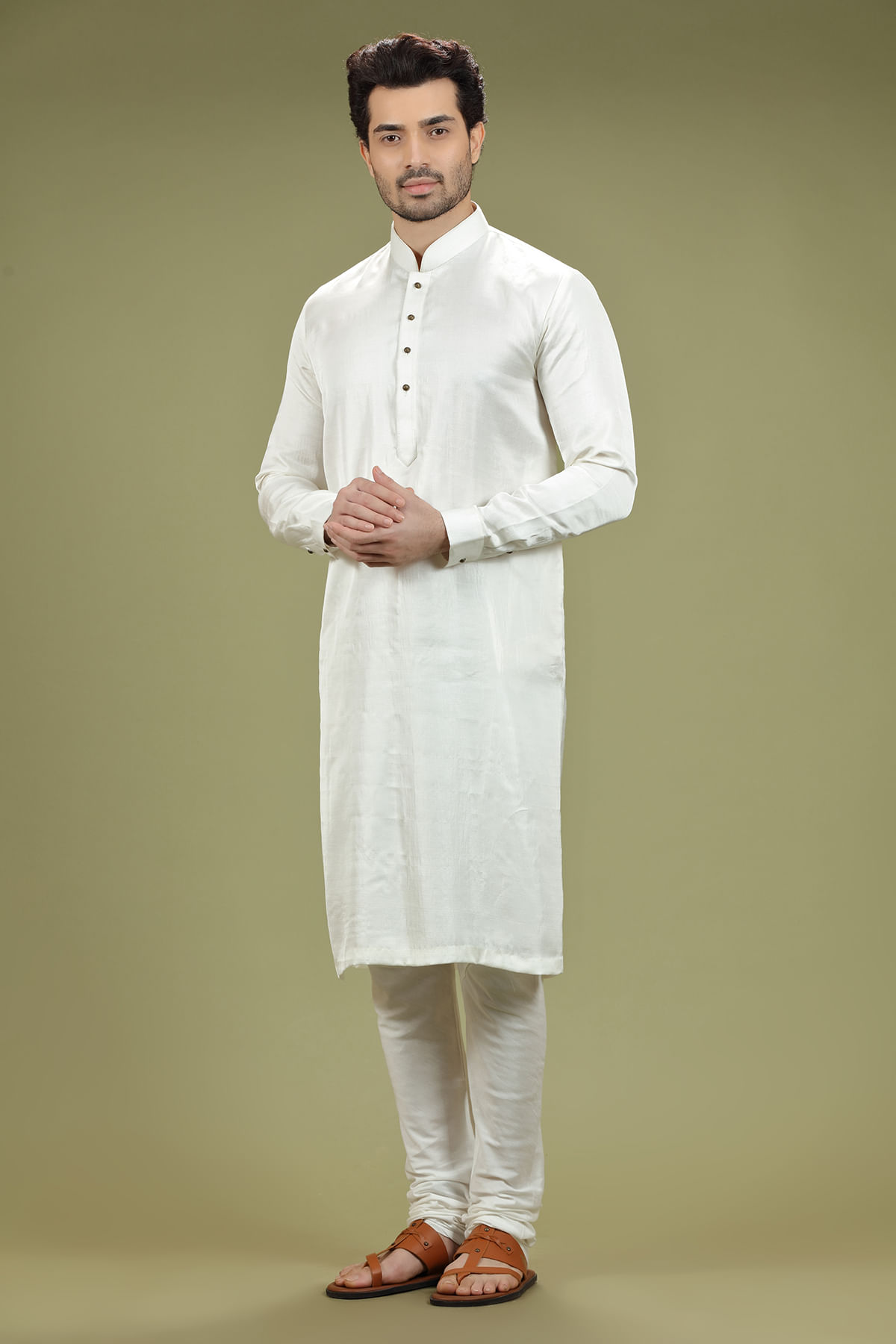 Off-White Silk Kurta Pajama Set (2-Piece) - Image 3