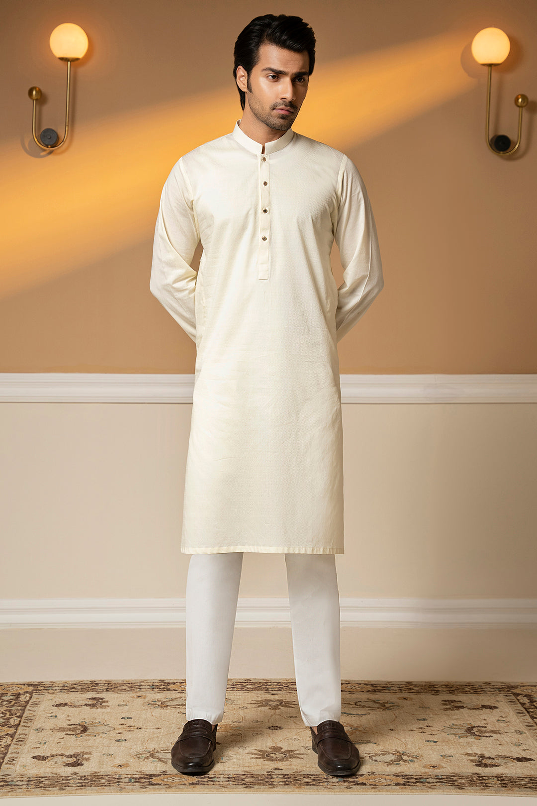 Off-White Wash & Wear Kurta Pajama (2-Piece) - Image 2