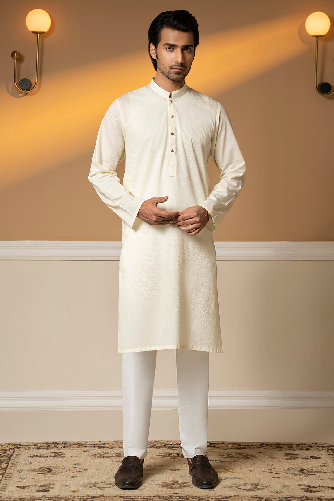 Off-White Wash & Wear Kurta Pajama (2-Piece) - Image 3