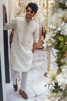 Ivory Zardozi Embroidered Pure Raw Silk Kurta (2-Piece) - Image 4