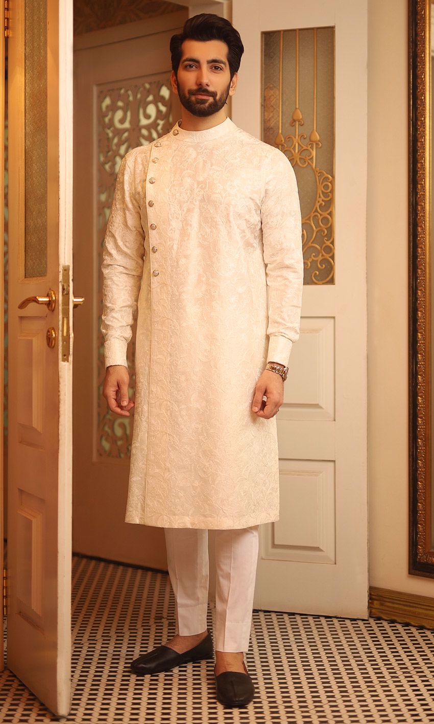 Off White Self-Embroidered Silk-Blend Kurta (2-Piece) - Image 1