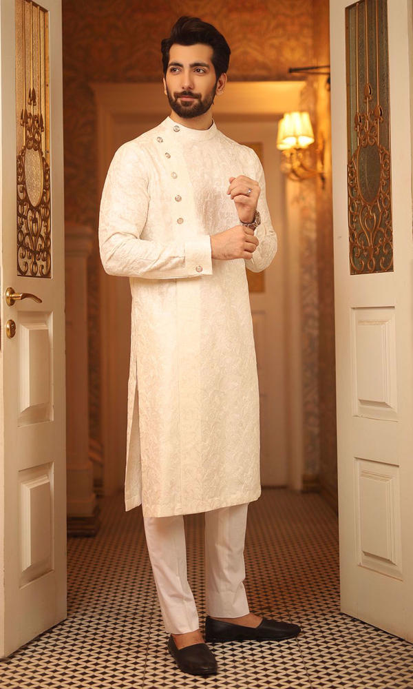 Off White Self-Embroidered Silk-Blend Kurta (2-Piece) - Image 3