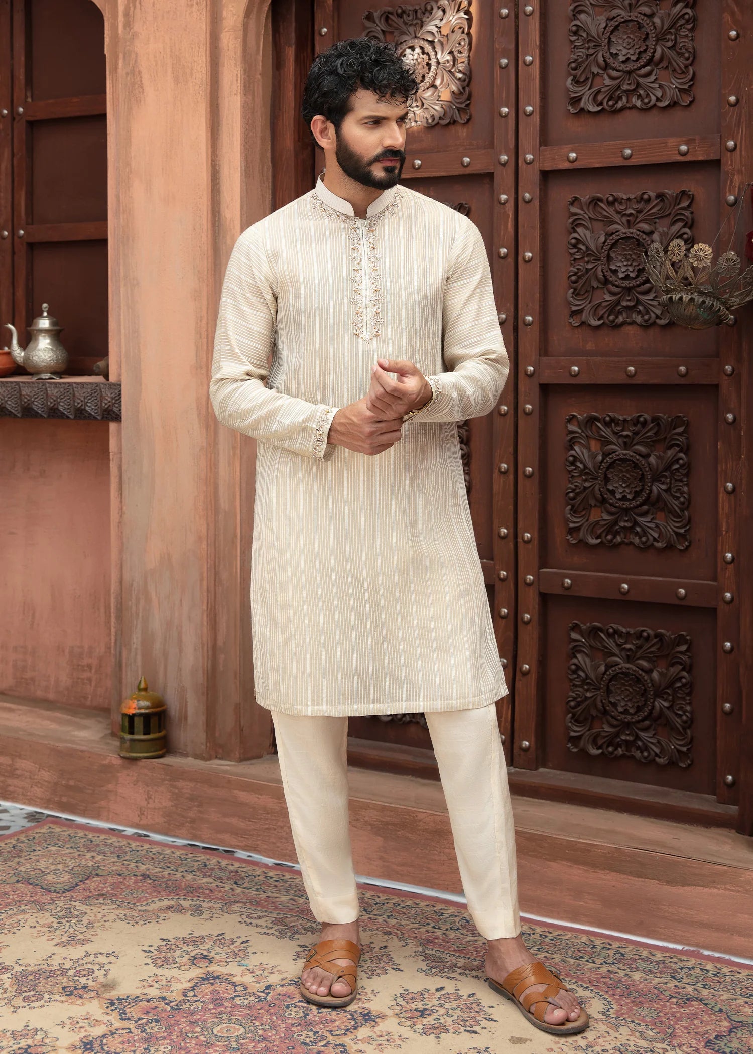 Ivory Embroidered Silk-Blend Kurta (2-Piece) - Image 1