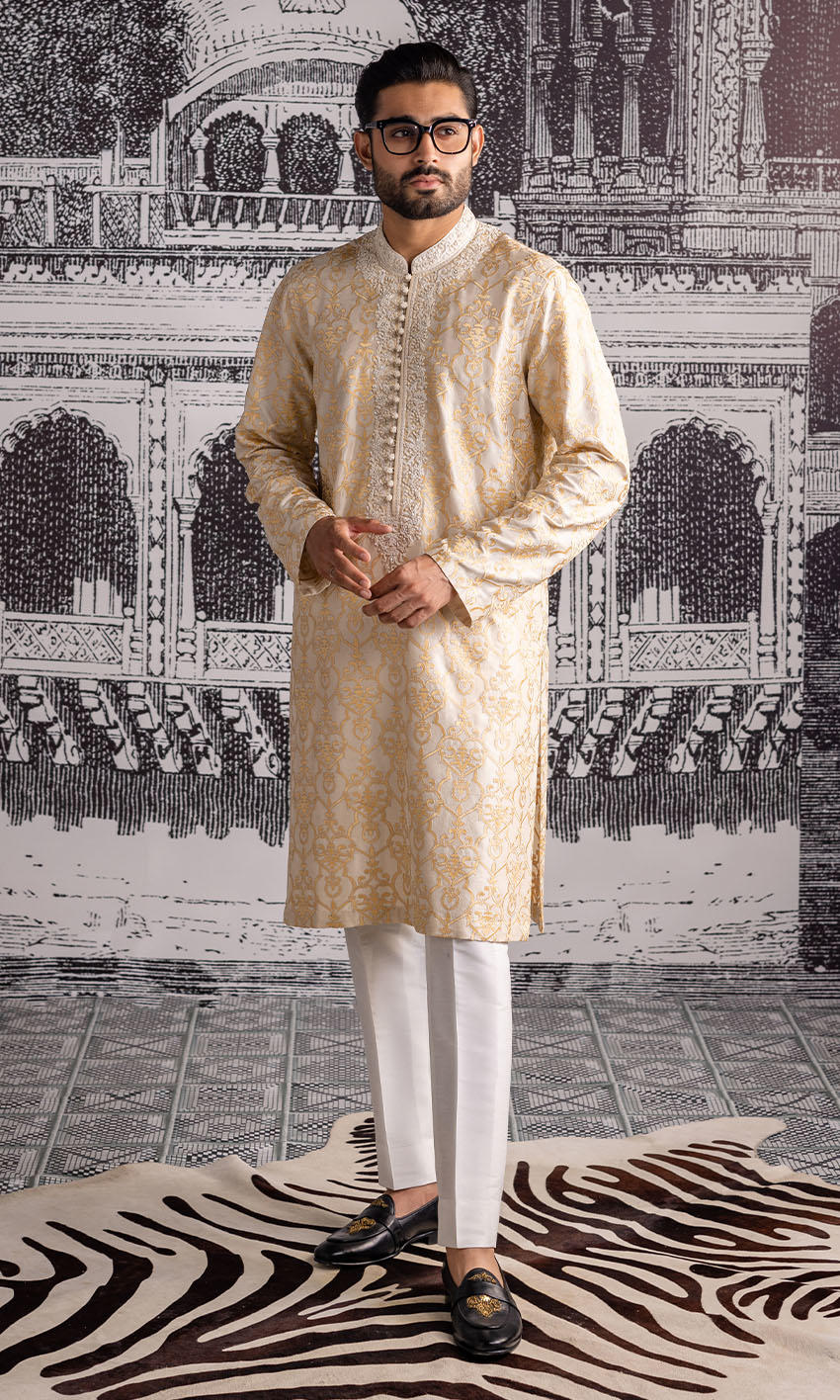 Ivory Gold Embroidered Silk-Blend Kurta (2-Piece) - Image 1