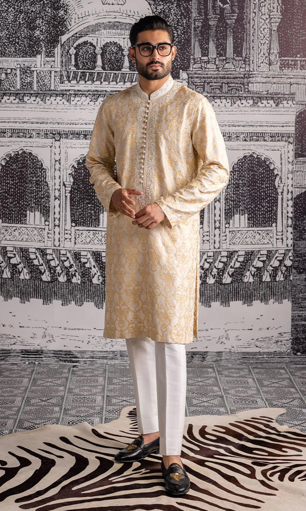 Ivory Gold Embroidered Silk-Blend Kurta (2-Piece) - Image 2