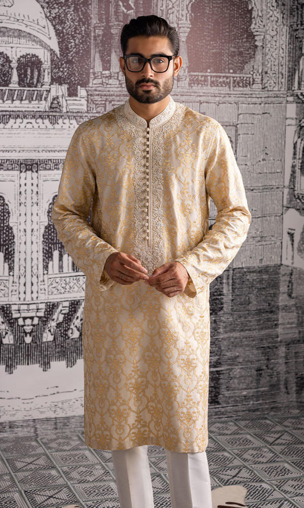 Ivory Gold Embroidered Silk-Blend Kurta (2-Piece) - Image 3