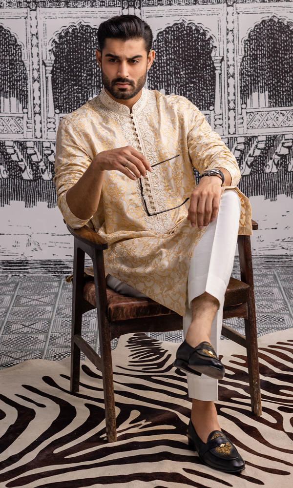 Ivory Gold Embroidered Silk-Blend Kurta (2-Piece) - Image 5