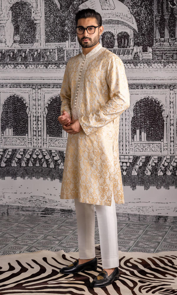 Ivory Gold Embroidered Silk-Blend Kurta (2-Piece) - Image 6