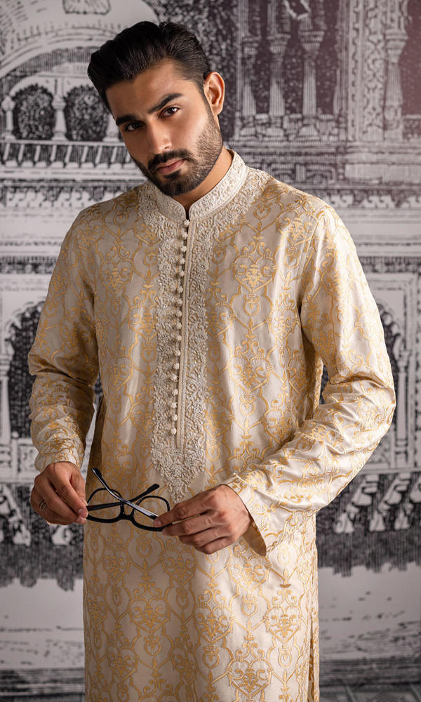 Ivory Gold Embroidered Silk-Blend Kurta (2-Piece) - Image 7