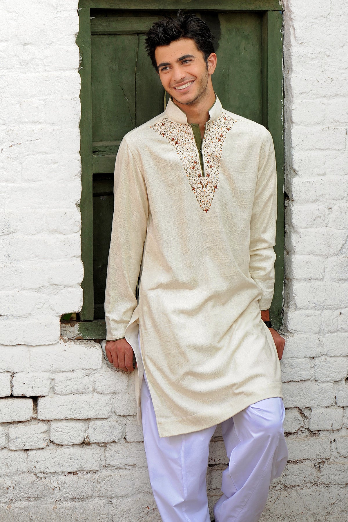 Ivory Embroidered Premium Fabric Kurta (2-Piece) - Image 1