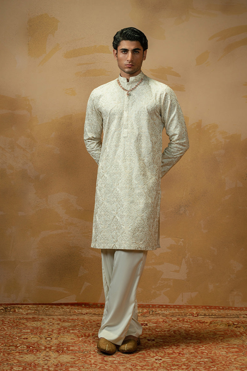 Cream White Embroidered Silk-Blend Kurta Pajama (2-Piece) - Image 1