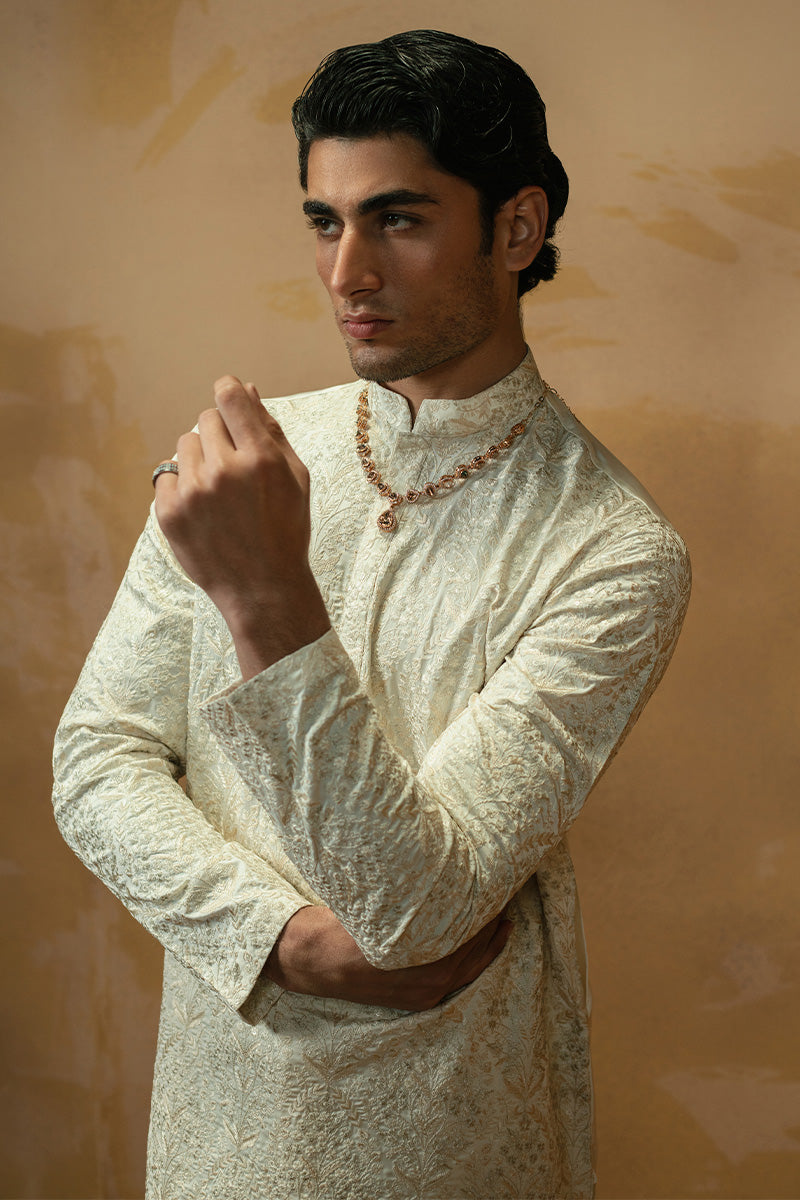 Cream White Embroidered Silk-Blend Kurta Pajama (2-Piece) - Image 3