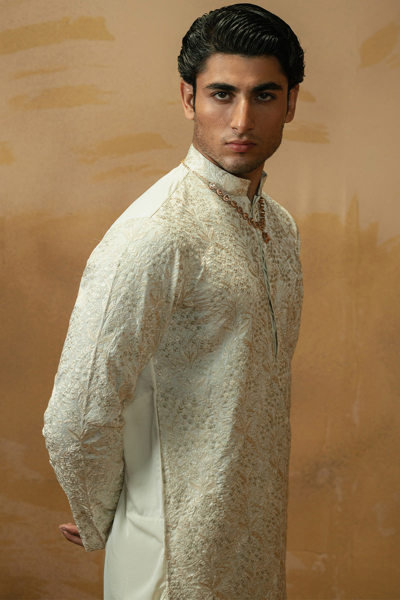 Cream White Embroidered Silk-Blend Kurta Pajama (2-Piece) - Image 7