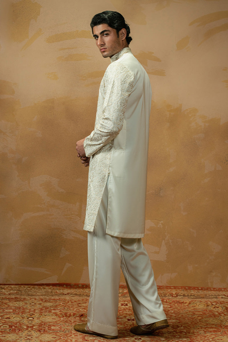 Cream White Embroidered Silk-Blend Kurta Pajama (2-Piece) - Image 8