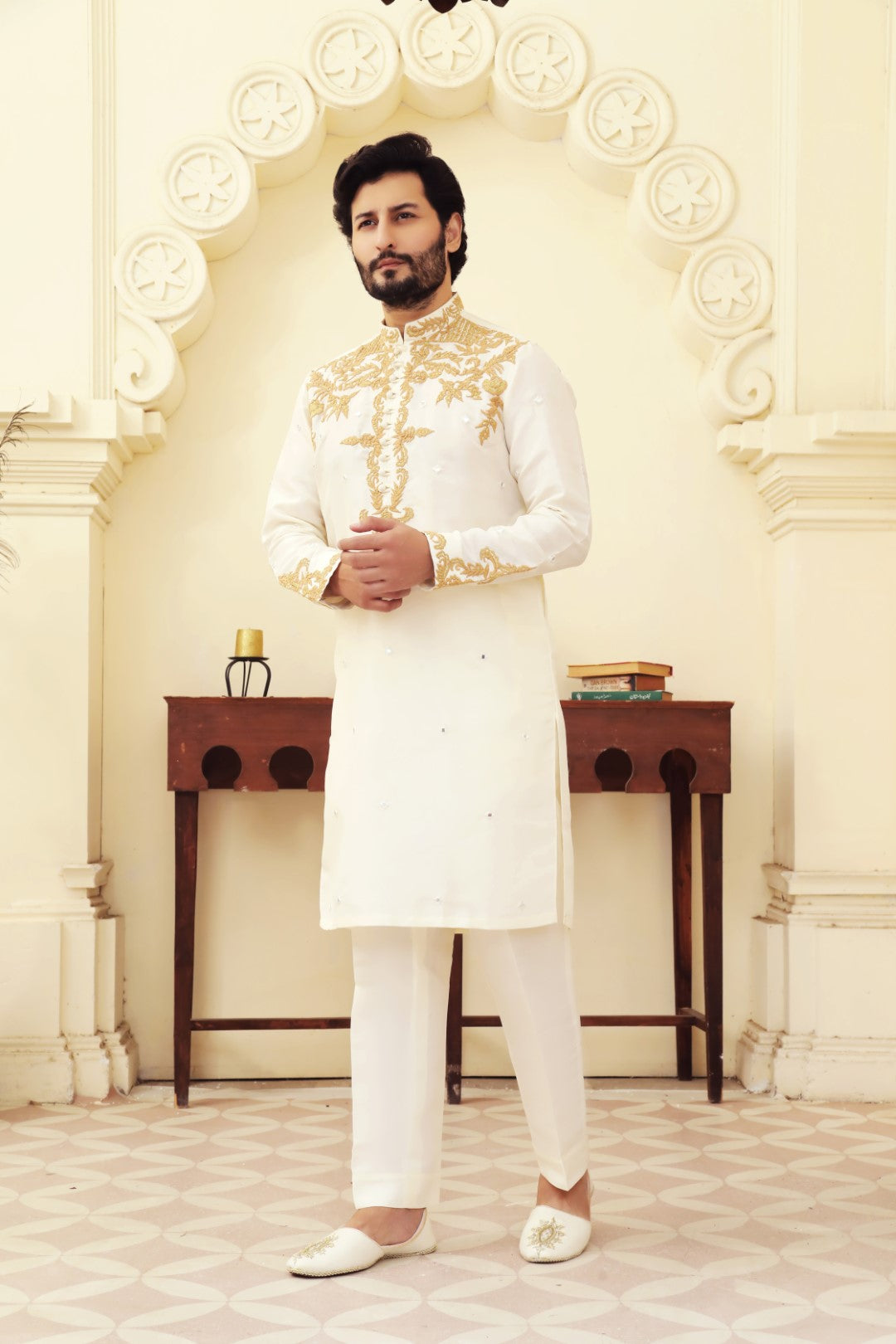 Ivory White Gold Embroidered Silk Kurta Pajama (2-Piece) - Image 1