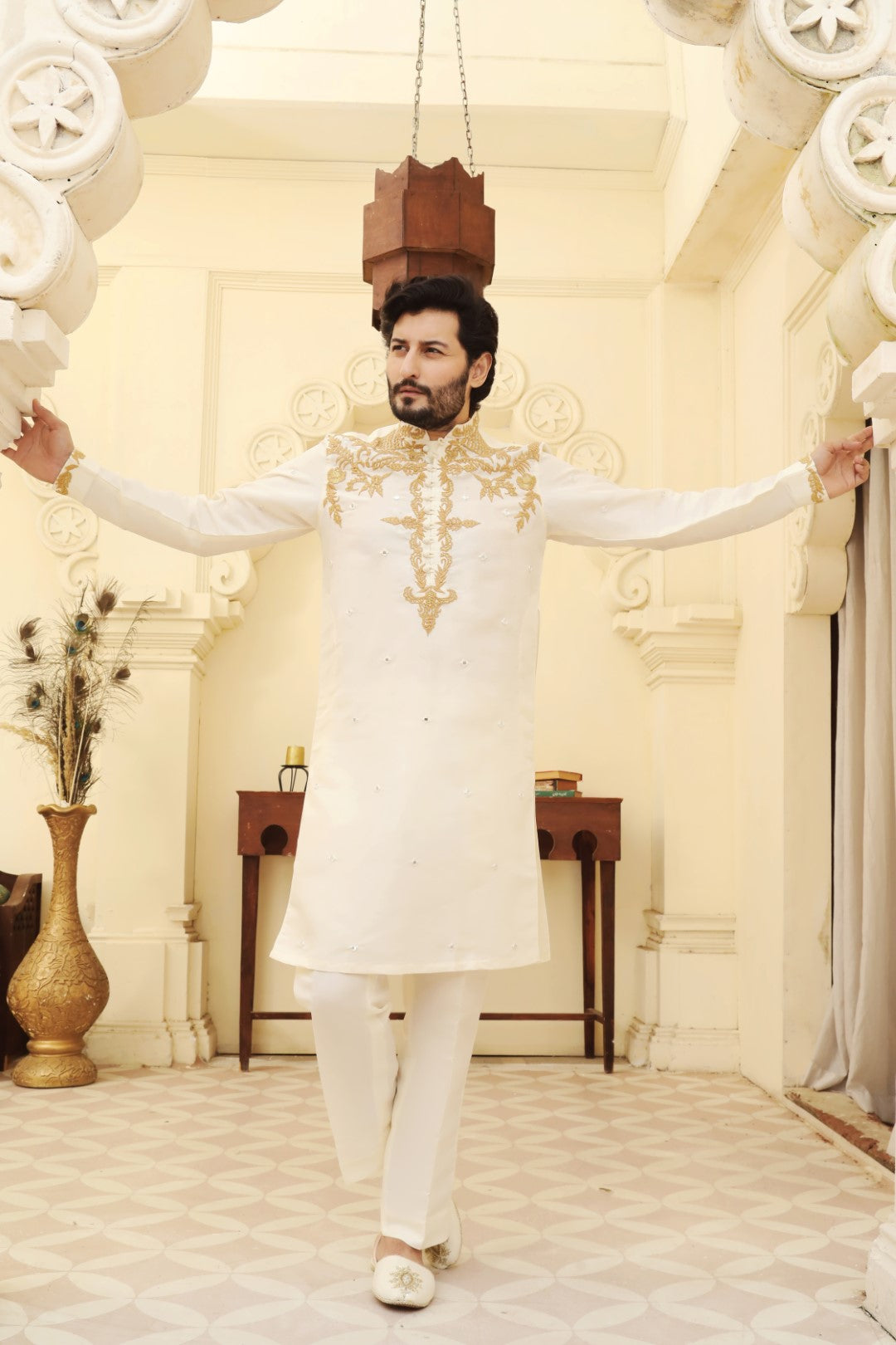 Ivory White Gold Embroidered Silk Kurta Pajama (2-Piece) - Image 2