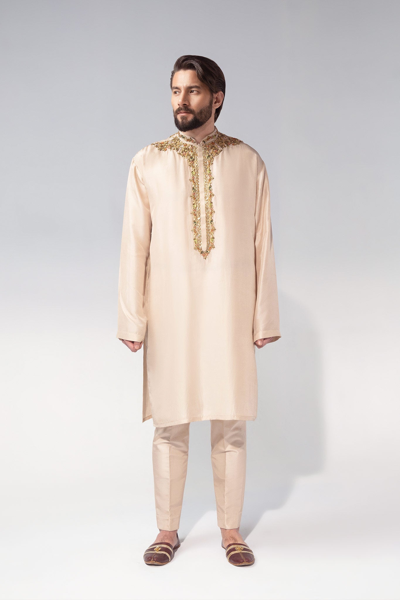 Ivory Hand Embroidered Silk Kurta Set (2-Piece) - Image 2