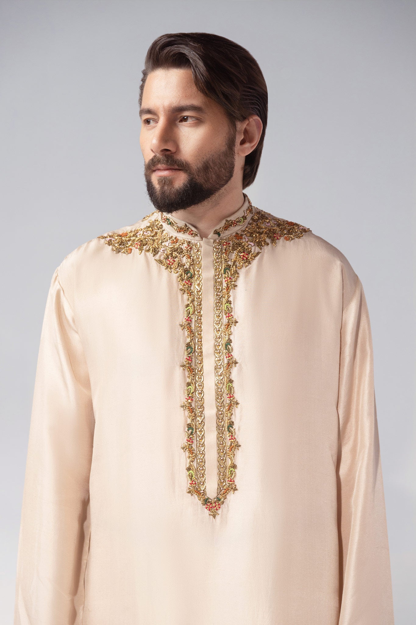Ivory Hand Embroidered Silk Kurta Set (2-Piece) - Image 3