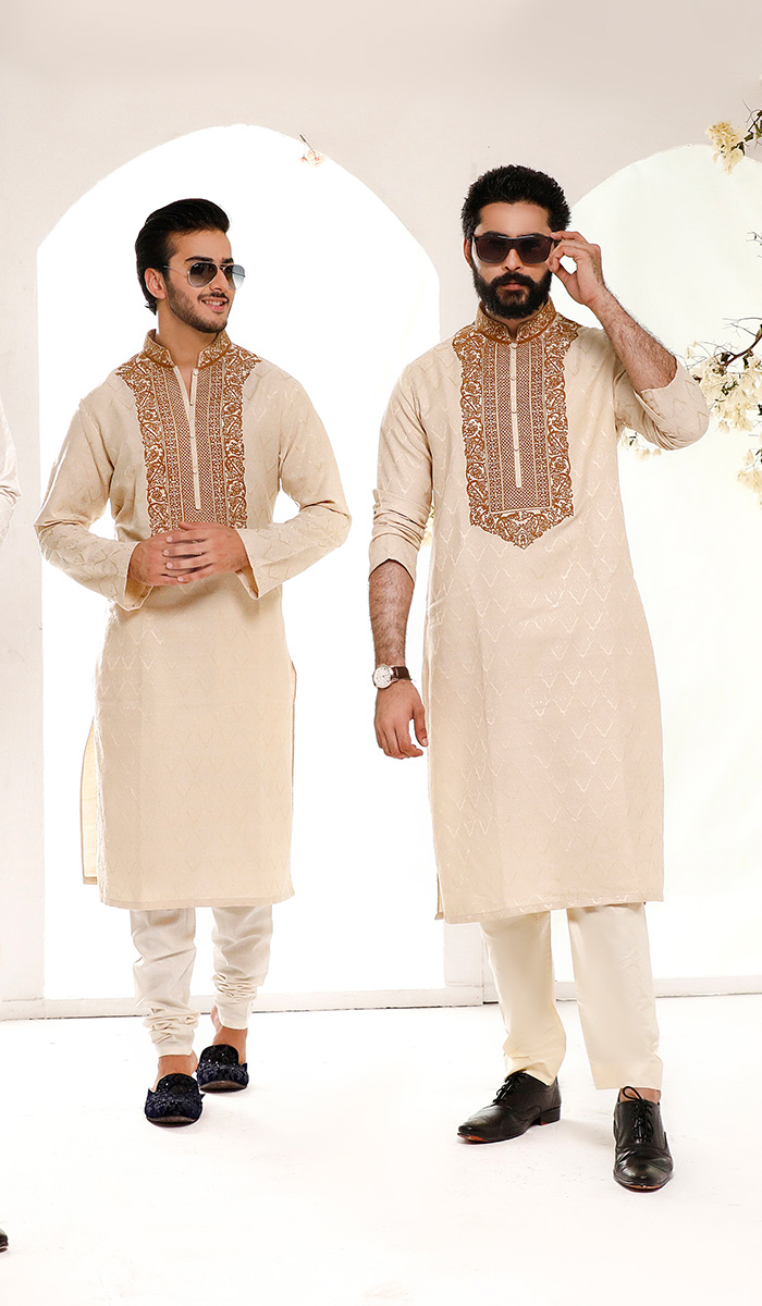 Off-White Heavy Neck Embroidered Soft Fabric Kurta (2-Piece) - Image 1