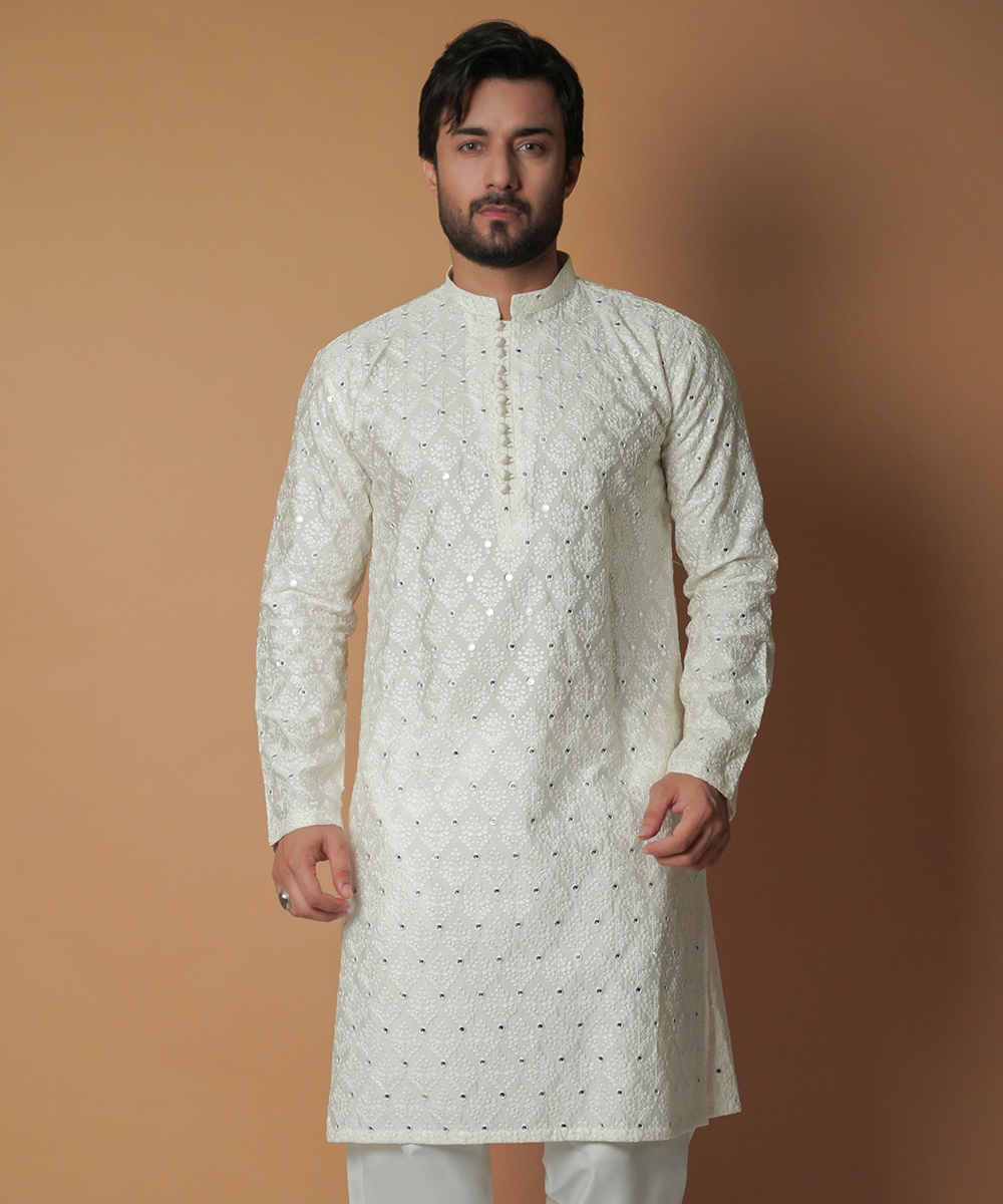 Ivory Resham & Sequin Viscose-Cotton Kurta (2-Piece) - Image 1