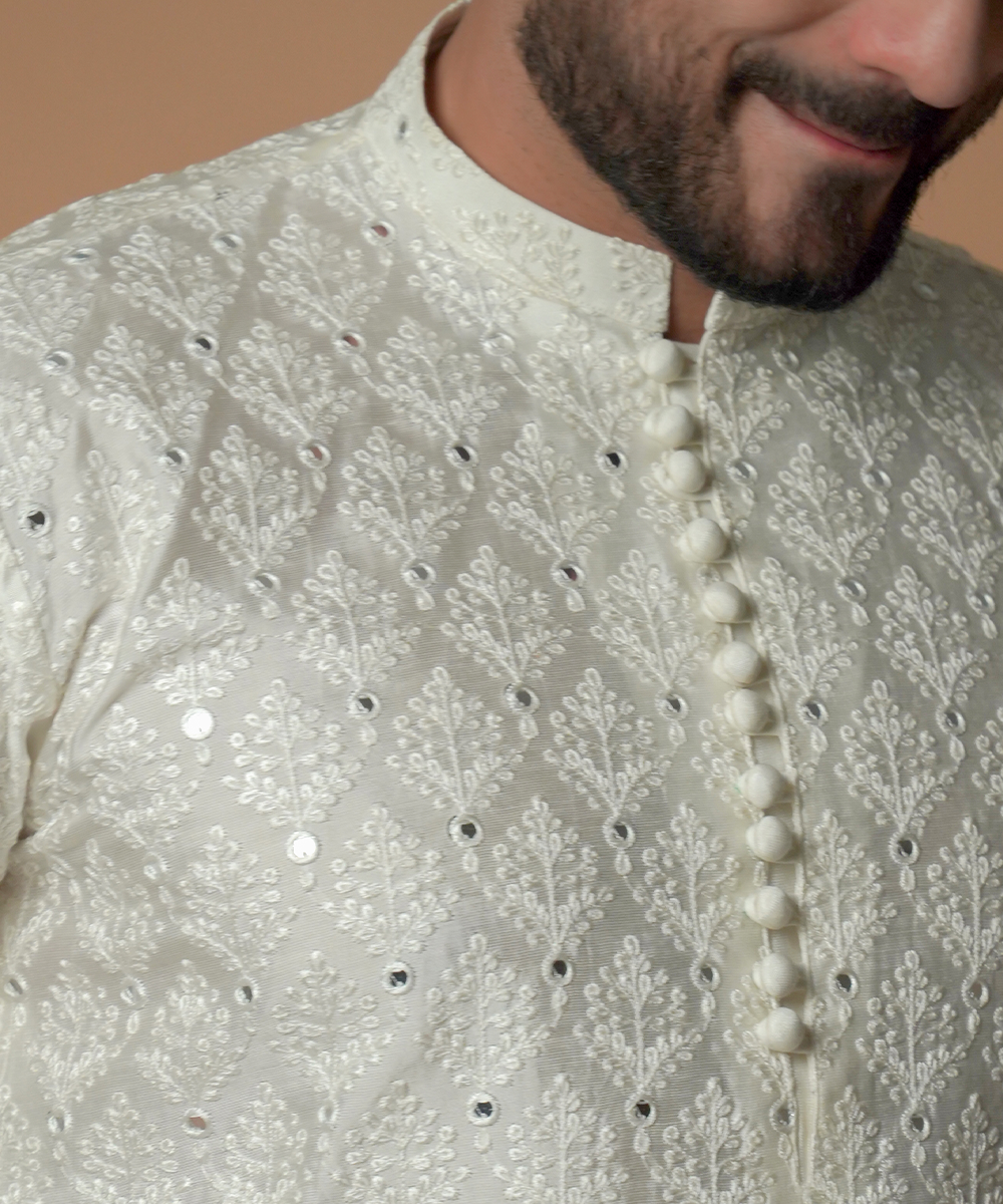 Ivory Resham & Sequin Viscose-Cotton Kurta (2-Piece) - Image 3
