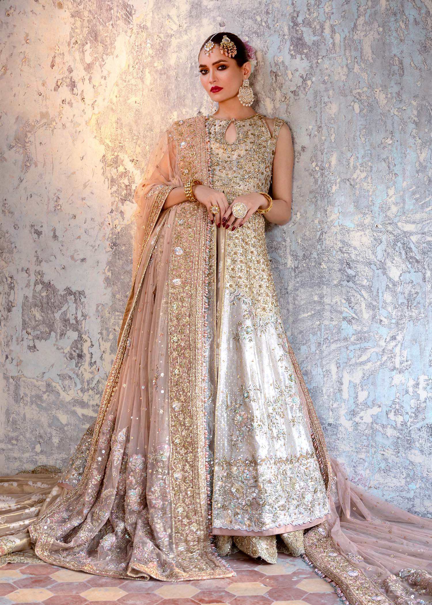 Ivory Gold Embroidered Atlas Lamé Bridal Lehenga (3-Piece) - Image 3