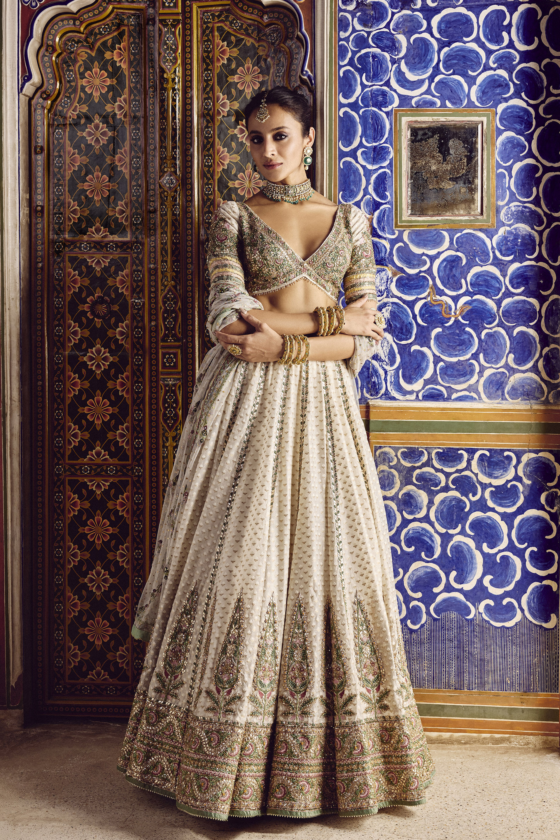 Ivory Gota Patti Zardozi Benarasi Cotton-Silk Lehenga (3-Piece) - Image 1