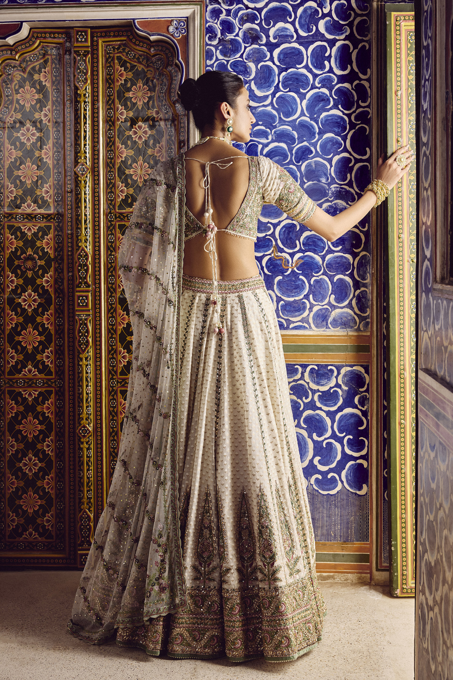 Ivory Gota Patti Zardozi Benarasi Cotton-Silk Lehenga (3-Piece) - Image 2