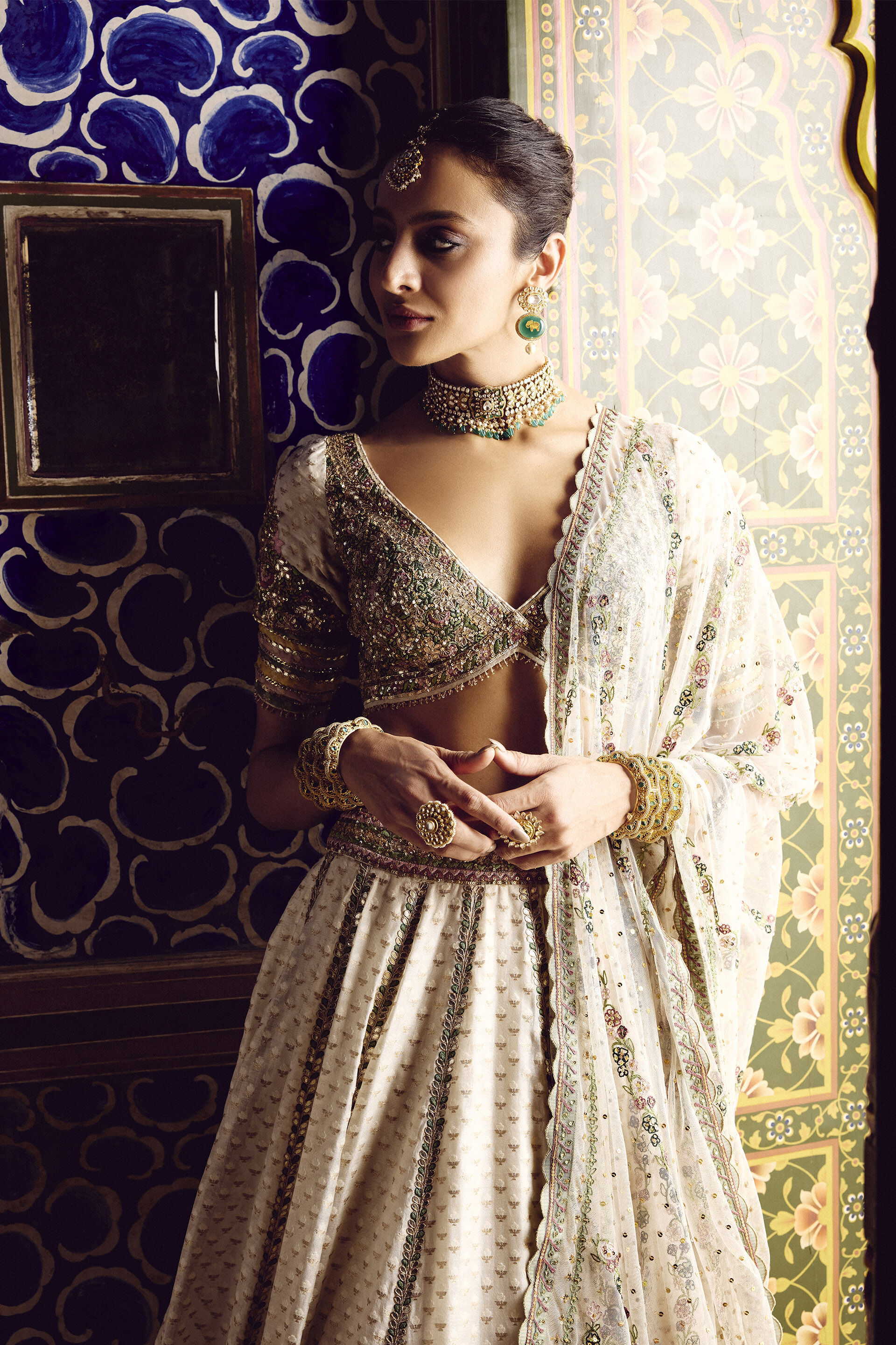 Ivory Gota Patti Zardozi Benarasi Cotton-Silk Lehenga (3-Piece) - Image 3
