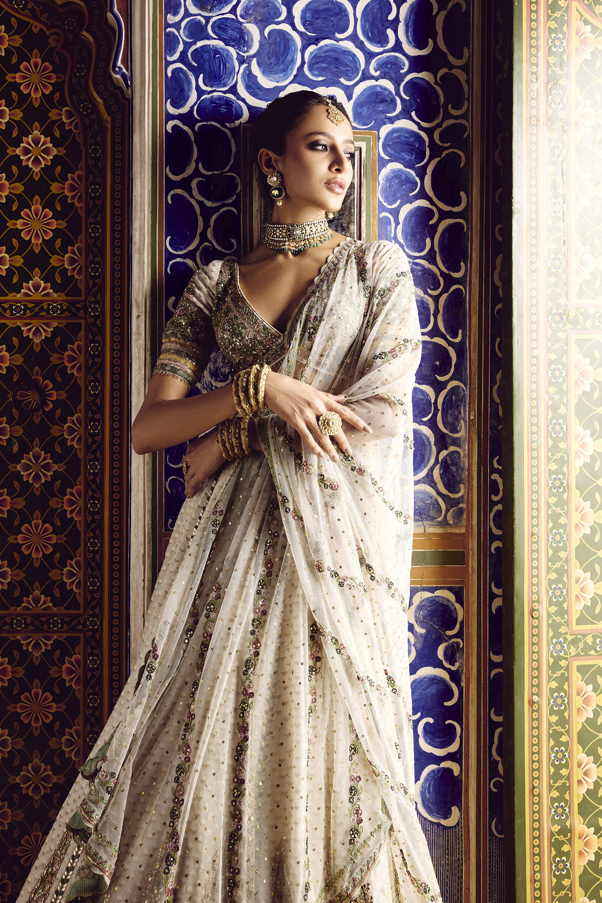 Ivory Gota Patti Zardozi Benarasi Cotton-Silk Lehenga (3-Piece) - Image 4