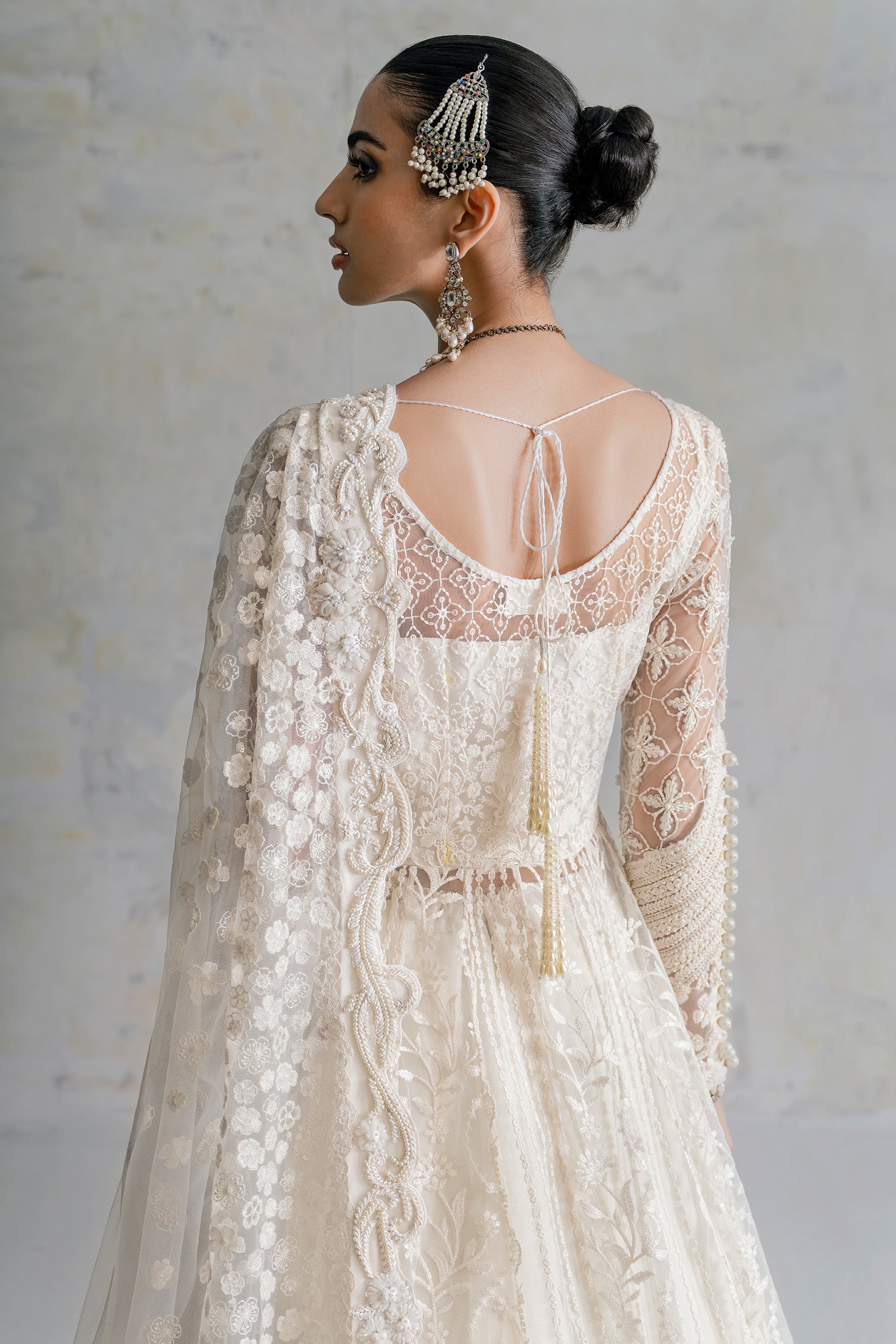 Pakistani Pearl Embroidered Net Peshwas Dress (3-Piece) - Image 3