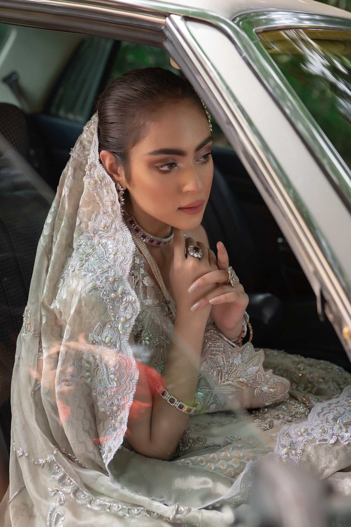 Pakistani Ivory Handworked Brocade Lehenga Set (3-Piece) - Image 3