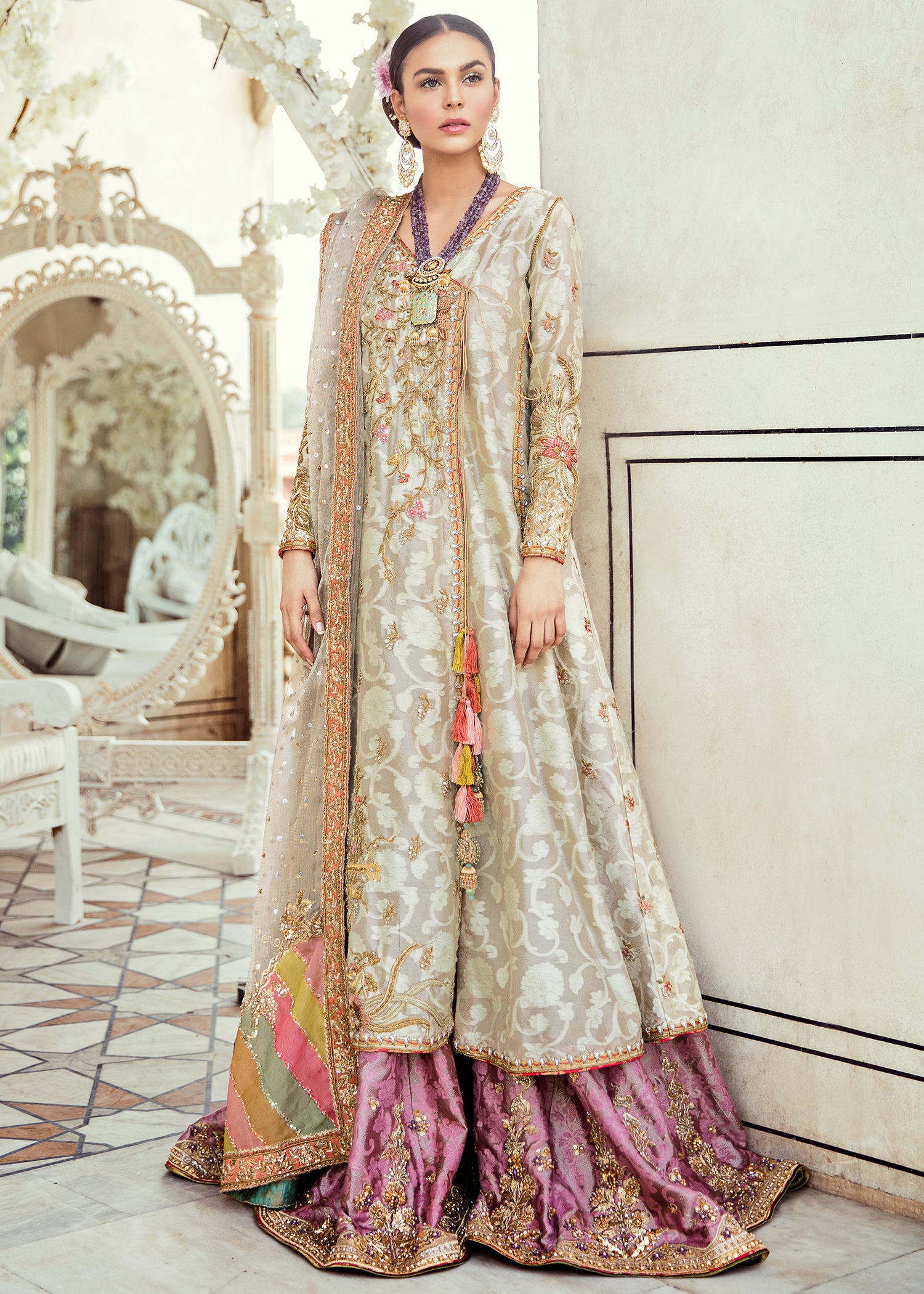 Ivory Embroidered Brocade Long Shirt Lehenga (3-Piece) - Image 1