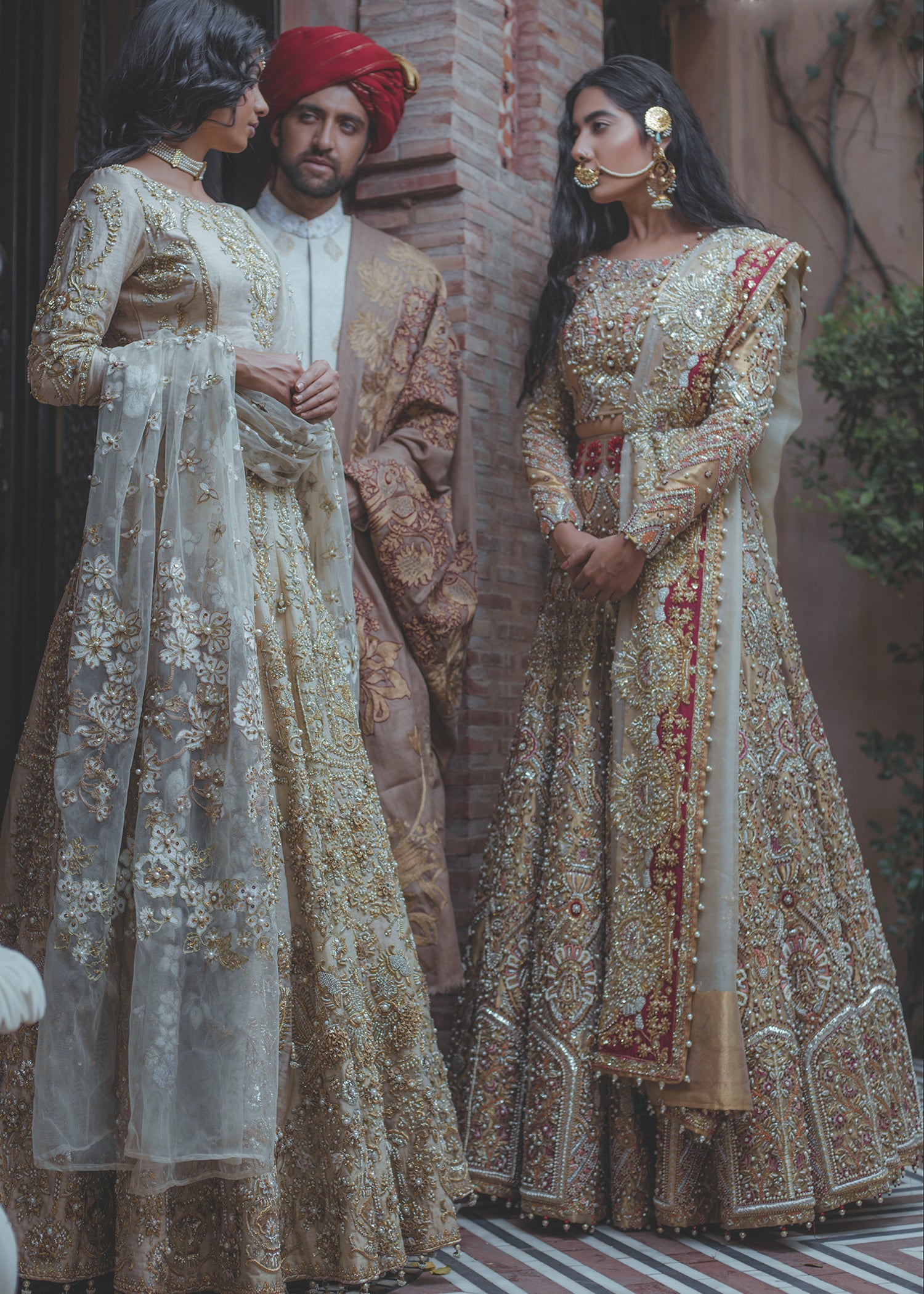 Pakistani Ivory Gota Embroidered Brocade Lehenga (3-Piece) - Image 2