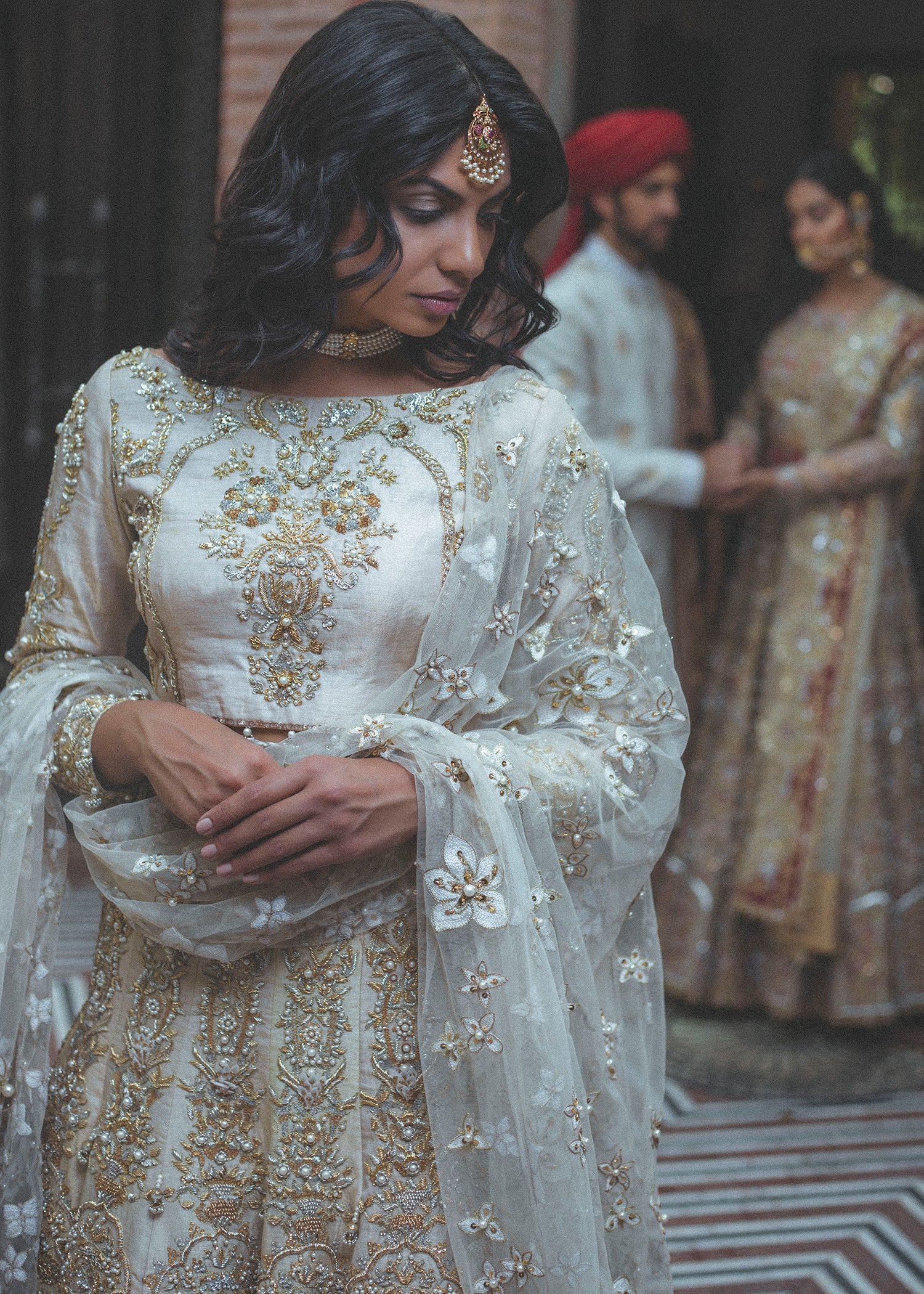 Pakistani Ivory Gota Embroidered Brocade Lehenga (3-Piece) - Image 1