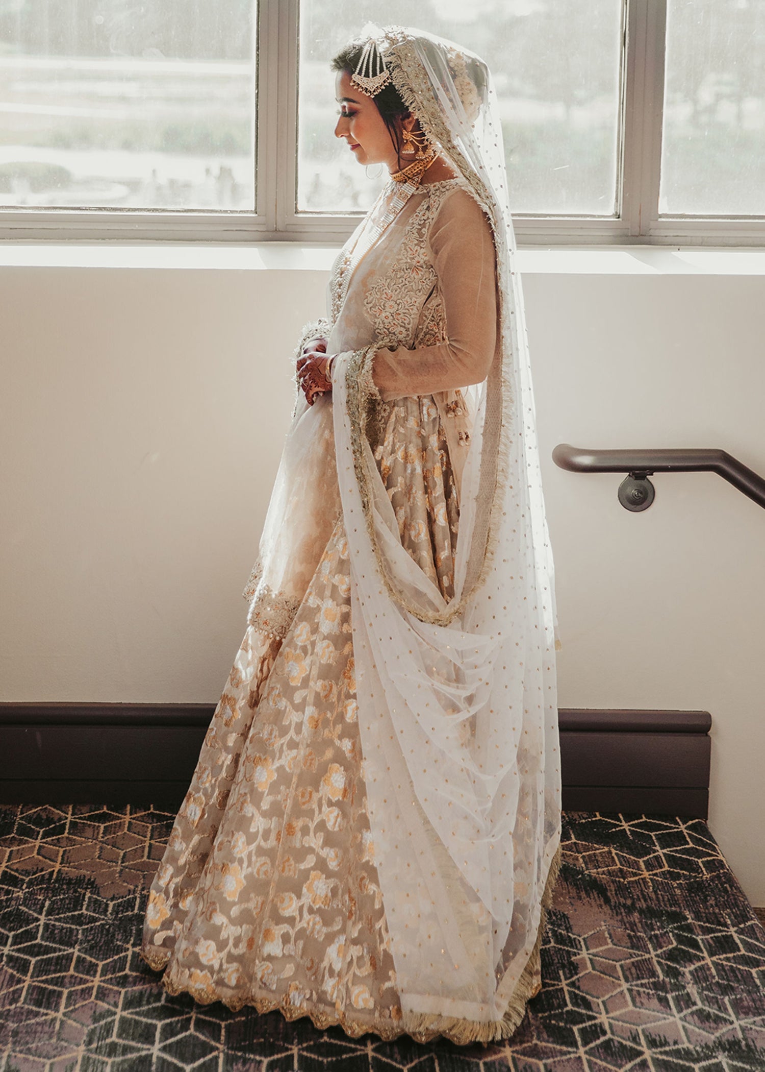 Ivory Gold Embroidered Brocade Bridal Lehenga (3-Piece) - Image 1