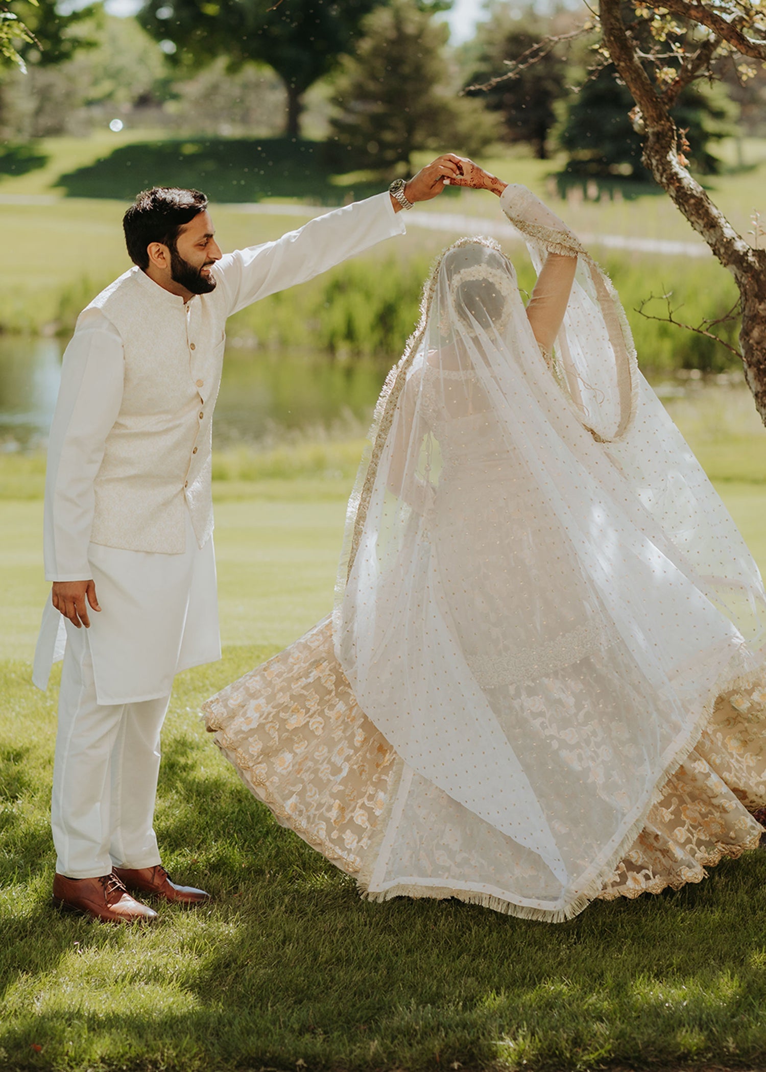 Ivory Gold Embroidered Brocade Bridal Lehenga (3-Piece) - Image 14