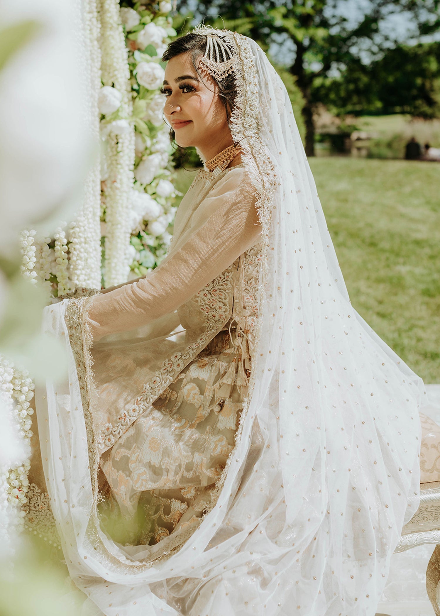 Ivory Gold Embroidered Brocade Bridal Lehenga (3-Piece) - Image 7