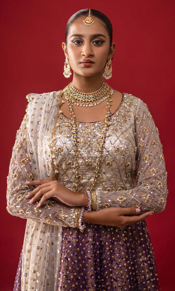Pakistani Ivory Brocade Blouse with Purple Sequined Lehenga (3-Piece) - Image 2