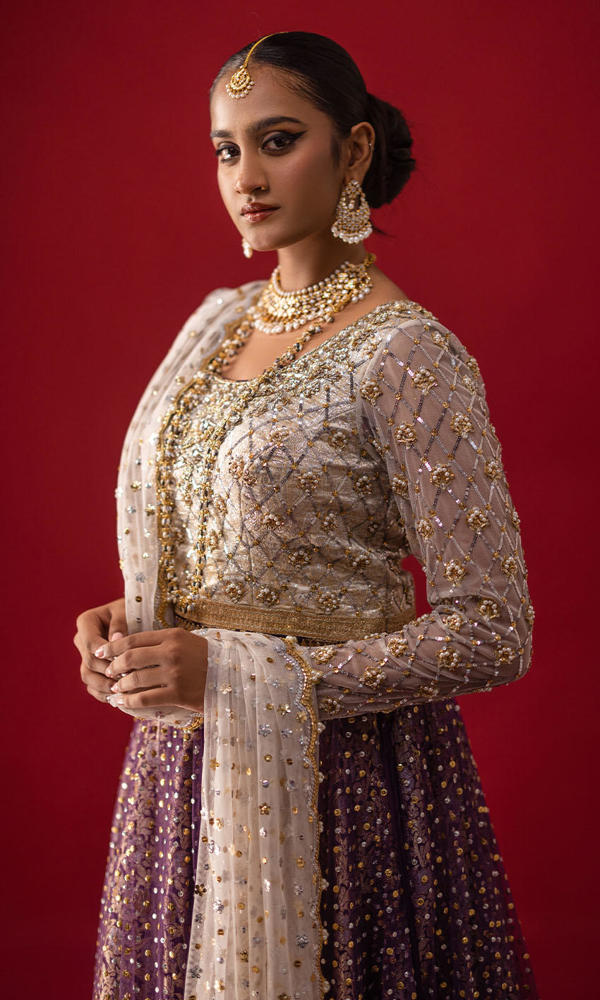Pakistani Ivory Brocade Blouse with Purple Sequined Lehenga (3-Piece) - Image 3