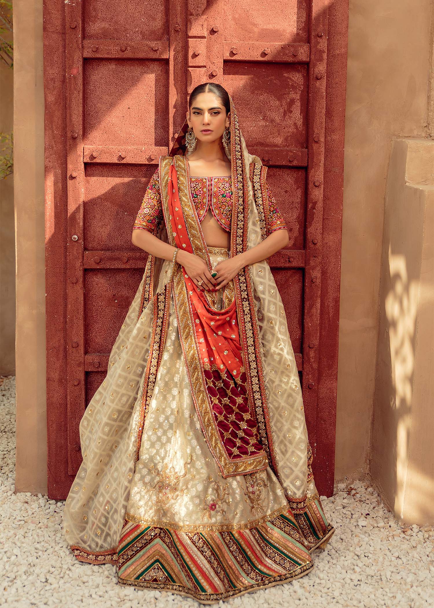 Pakistani Ivory and Red Embroidered Brocade Lehenga (3-Piece) - Image 1