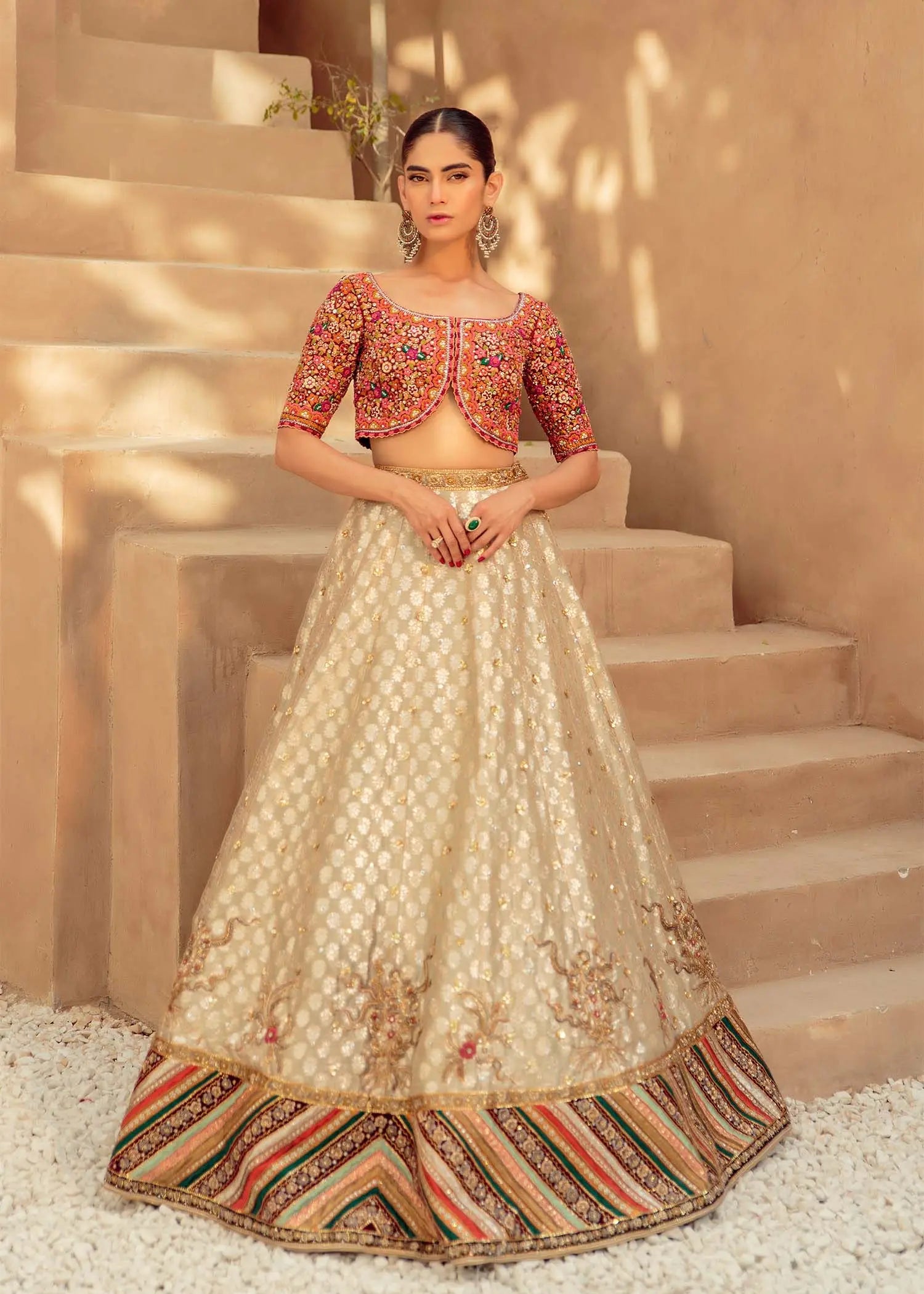 Pakistani Ivory and Red Embroidered Brocade Lehenga (3-Piece) - Image 3